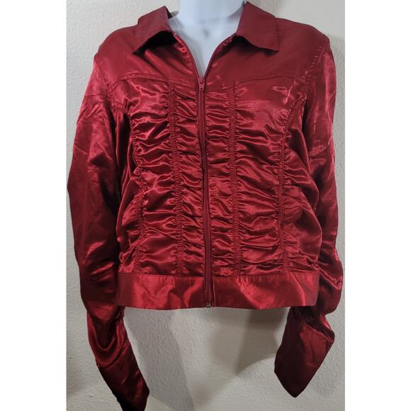 Overdrive Red Satin Ruched Gathered Full Zip Collard Jacket Large Lightweight - Picture 1 of 7